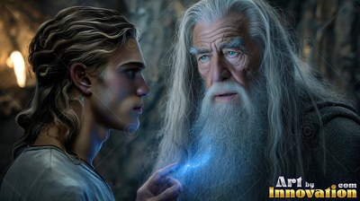 An old bearded man talks to a young man with blue light on his finger