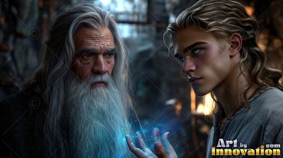 Long gray beard trailing down, an old man shows blue sparks to a young man in a dim stone room