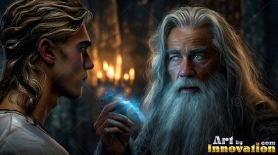 An old bearded man holds blue sparks between his fingers before a young man by candlelight