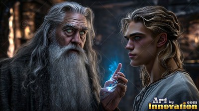 Facing each other in a dark room, an old man holds blue light before a young man