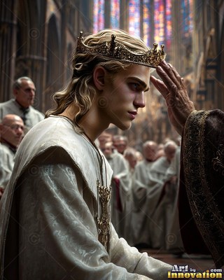 A young blond man in a white robe receives a gold crown inside a church
