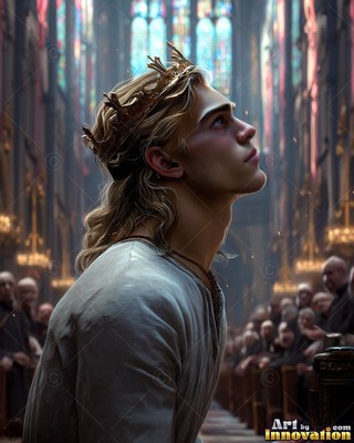 In a dark cathedral, a young man wears a gold crown and looks upward