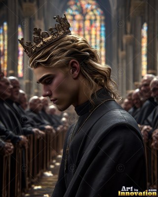 Looking down, a crowned young man in black robes stands inside a cathedral aisle