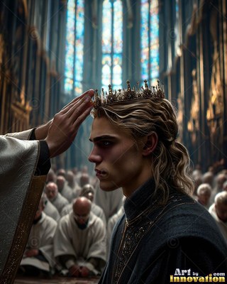 A young yellow-haired man receives a crown inside a grand church