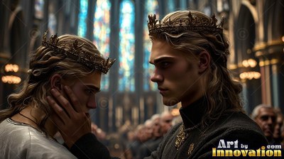 Wearing a metal crown in a stone cathedral, a man with blond hair touches another man's cheek