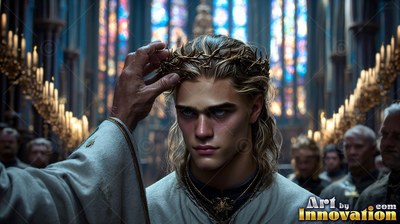 A blond man receives a crown upon his head under soft blue window light