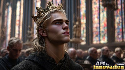 Looking upward in a church, a blond young man wears a gold crown above the crowd