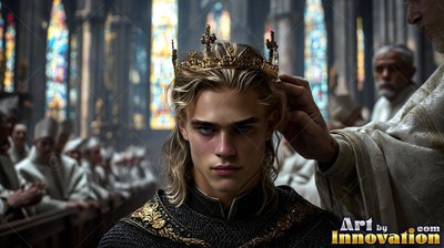 A priest places a gold crown on a young yellow-haired man in a dim cathedral
