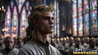 In a cathedral, a man with blond hair wearing a gold crown looks upward before a crowd