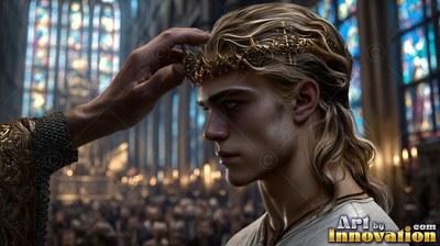 Receiving a gold crown on his head, a young fair-haired man looks forward in a cathedral