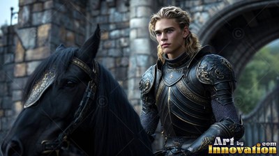 A blond-haired man in dark armor sits on a black horse by a castle gate
