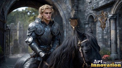 Blond hair falling past his steel armor, a young man sits on a black horse by stone gates