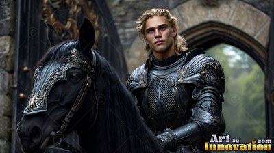 A blond young man in dark armor sits on a black horse in soft gray daylight