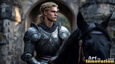 Turned slightly on horseback before a stone arch, a young man wears steel armor