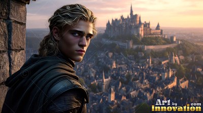 A young blond man in a dark cloak looks back above a medieval city at dusk