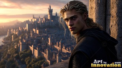 Above a walled city at sunset, a blond man in dark robes looks over his shoulder