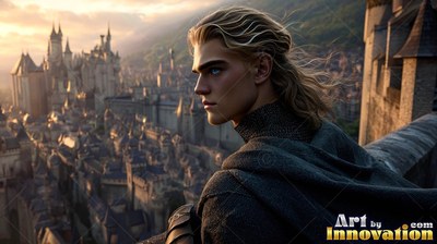 Looking from a stone wall, a blond man in a gray cloak watches a city at sunset