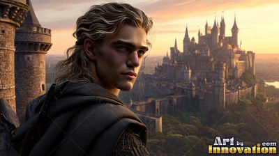 A young blond man in a cloak looks back near a stone castle