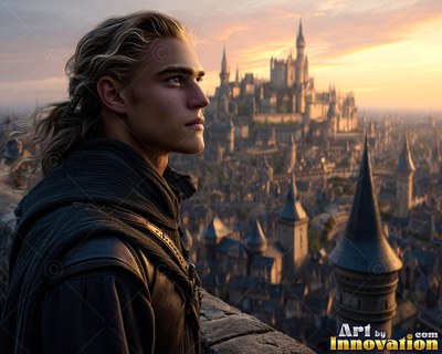 Wavy blond hair pulled back, a young man in dark leather looks out over a stone city at dusk