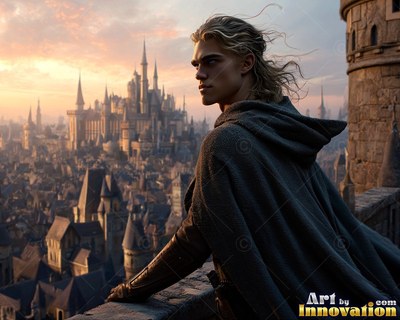 A young man in a dark hooded cloak looks across the city under pale orange light