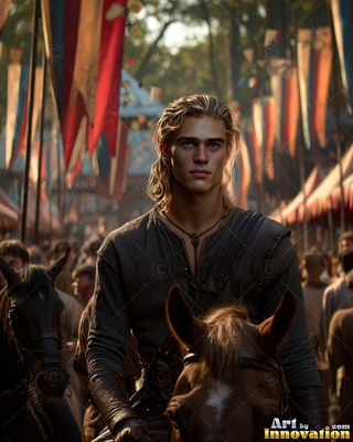 Facing forward on a horse, a fair-haired young man rides through a crowd under red banners
