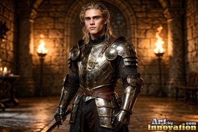 A young yellow-haired man wearing steel armor stands by torches in a stone hall
