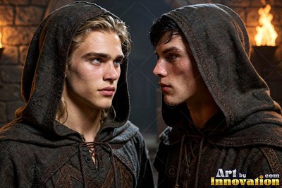 In a stone hallway, two young hooded men in brown tunics look at each other