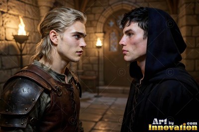 Facing each other in a stone hallway, two young men stand close in torchlight