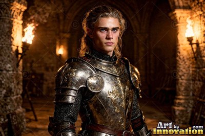 Young blond man in a suit of steel armor standing by torchlight