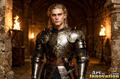 Steel plate armor covers a blond young man standing in a stone castle hall lit by torches