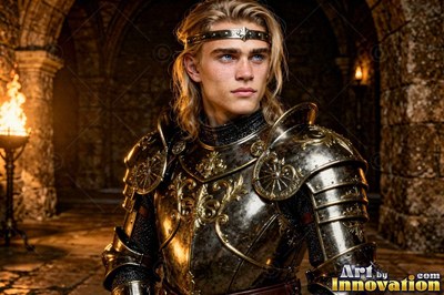 A young blond man wears steel plate armor lit by warm firelight from a torch