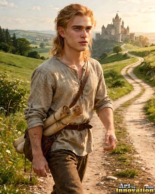 Walking down a dirt path, a young blond man carries scrolls below a distant castle