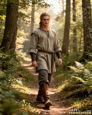 A young man walks down a sunny forest trail in a gray tunic and brown boots