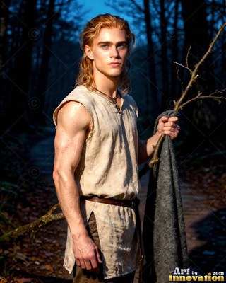 In a dim forest, a young blond man in a beige tunic holds a wooden branch
