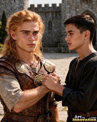 Gripping his companion's hand, a dark-haired man speaks to an armored man outside a castle