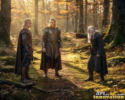 Wearing leather armor, two young men face an old man pointing in a sunlit forest