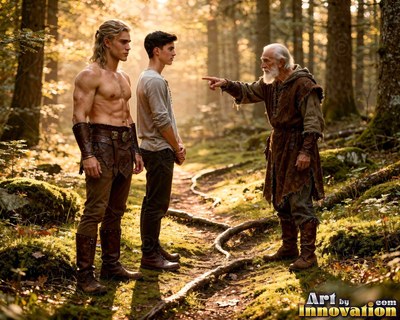 An old man points at two young men on a mossy path in soft golden sunlight
