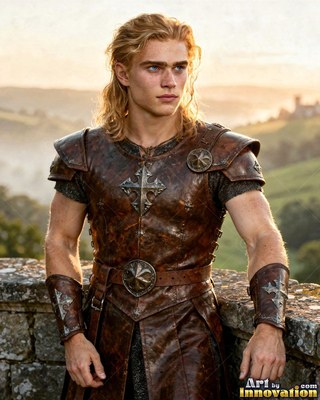 Standing before green hills, a blond young man wears brown leather armor