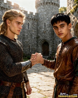 In a stone courtyard, two young men in leather and chainmail grip hands