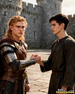 Clasping hands in a castle courtyard, a man in armor faces a young man in brown