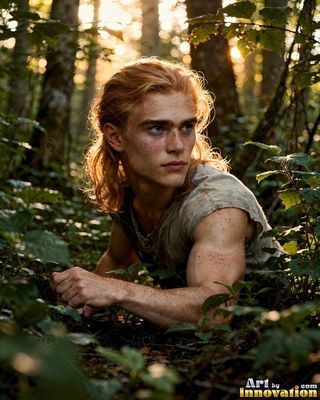 A young man crawls through green bushes in the forest