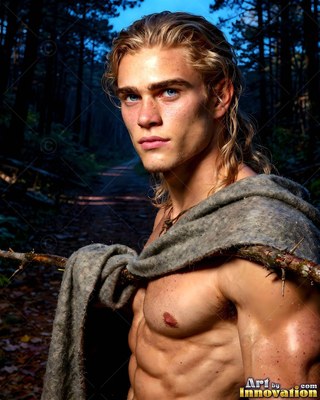 Long blond hair frames a shirtless man with a gray blanket on a dark forest path