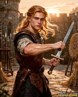 A young man wields a sword in a stone courtyard under warm sunlight