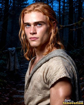 Turned to the side in a dark forest, a young man with long red hair looks ahead