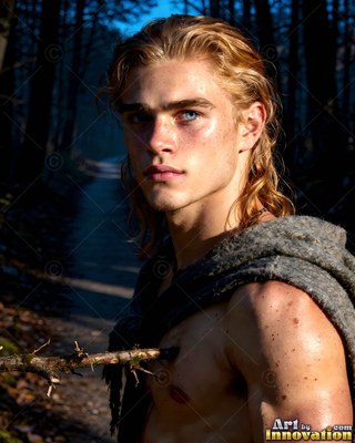 A young man with blond hair stands in a dark forest with a branch near his bare chest