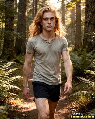 In a sunlit forest, a young man with long blond hair walks down a dirt path