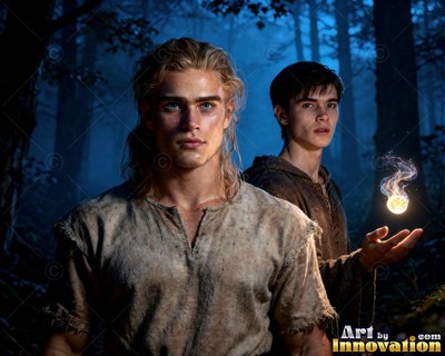 Standing in dark woods, a blond young man is joined by another man holding a small ball of fire