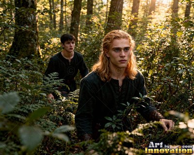 Long wavy reddish hair frames a young man walking through green woods with another man