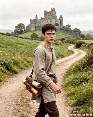A young man walks down a dirt road away from a stone castle under overcast daylight