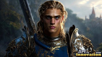 Facing forward outdoors, a man with blond hair wears steel armor with a sword on his back